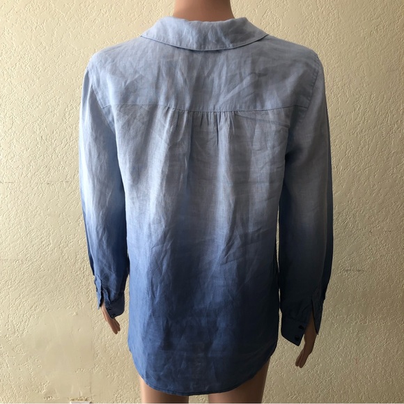Vince Camuto Women’s Blue Linen Shirt Size XS Long Sleeves V-Neck Collared - Picture 2 of 16